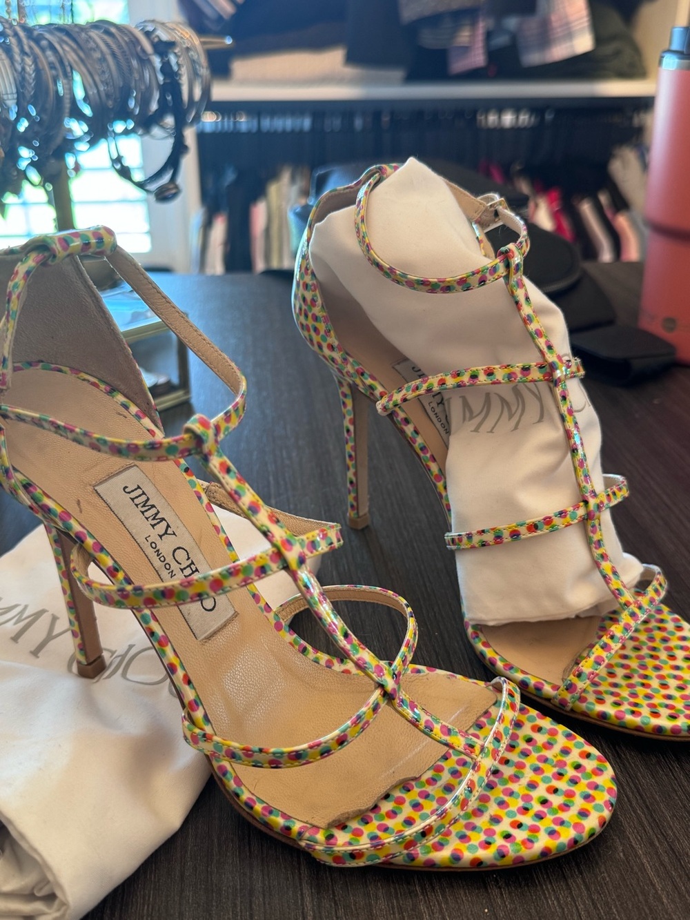 Jimmy Choo Multicolor Polka-Dot Strappy Stiletto Sandals